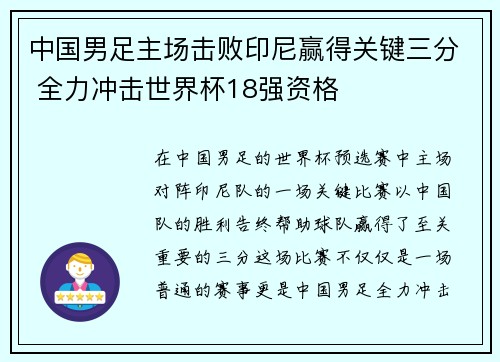 中国男足主场击败印尼赢得关键三分 全力冲击世界杯18强资格